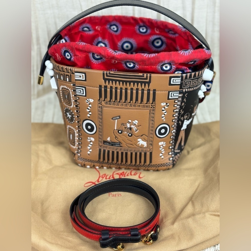 CHRISTIAN LOUBOUTIN Greekaba Mini Embossed Antique Bucket Bag In Multi/Black. - Picture 10 of 16